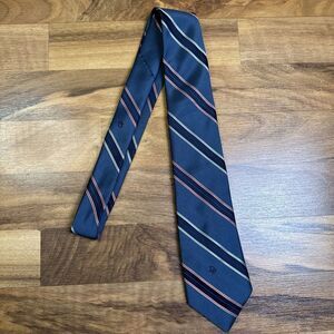 Vintage Christian Dior Navy Blue  Red Striped Mens Poly‎ Silk Blend Tie W/Logo